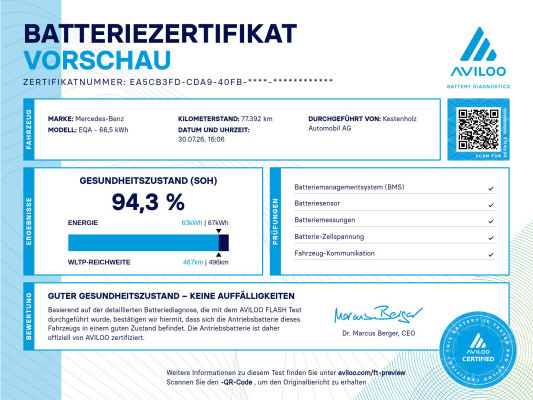 [all]12 Monate Garantie / Gratisservice 10 Jahre oder 100'000 Km ab 1.Inv. / zzgl. Ablieferungspauschale CHF 540.-[/all]


[all]

[/all]&nbsp; Airbag: Airbag Fahrer und BeifahrerAirbag: Seitenairbag f&uuml;r Fahrer und BeifahrerAirbag: Window-Kopfairbags f&uuml;r Fahrer, BeifahrerAmbientebeleuchtungAntiblockiersystem (ABS)Assist: Aktiver BremssassistentAssist: Aktiver Spurhalte-AssistentAssist: Elektronisches Stabilit&auml;ts-Programm (ESP)Assist: Geschwindigkeitslimit-AssistentAssist: R&uuml;ckfahrkameraAssist: Vorr&uuml;stung f&uuml;r OrtungsdienstDachreling in poliertem AluminiumDoppelcupholderEASY-PACK-HeckklappeFahrzeugschl&uuml;ssel: 2 silberfarbenGleichstrom-Ladesystem (DC-Laden) mit 110 kWLackierung: Uni-Lackierung PolarweissLadekabel f&uuml;r Industriesteckdose, 5m, glattLadekabel f&uuml;r Wallbox und &ouml;ffentliche Ladestationen, 5 m, glatt, 11 kWLicht: Adaptiver Fernlicht-Assistent PlusLicht: LED High Performance-ScheinwerferMERCEDES-BENZ MOBILIT&Auml;TMERCEDES-SWISS-INTEGRALMedia: Digitales Radio (DAB)Media: MBUX Multimediasystem mit zwei 7,25-Zoll-MediadisplaysMedia: Vorr&uuml;stung f&uuml;r das Fahrzeug-SetupPaket: Komfort-PaketPaket: Laderaum-PaketPaket: Licht- und SichtpaketPolster: Ledernachbildung ARTICO/Mikrofaser DINAMICA schwarzR&auml;der: TIREFITServolenkungVorr&uuml;stung f&uuml;r IONITYVorr&uuml;stung f&uuml;r Mercedes me ChargeWechselstromsystem (AC-Laden) Assist: VerkehrszeichenerkennungGet&ouml;nte W&auml;rmeschutzverglasungLackierung: Metallic-LackierungPaket: Fahrassistenz-PaketPaket: Leder-Paket und Sitzklimatisierung vornePaket: Premium-PaketMedia: Kabelloses Ladesystem f&uuml;r mobile Ger&auml;teMedia: MBUX Augmented Reality f&uuml;r NavigationMedia: Soundsystem AdvancedPaket: Advantage-PaketPaket: KEYLESS-GO-Paket