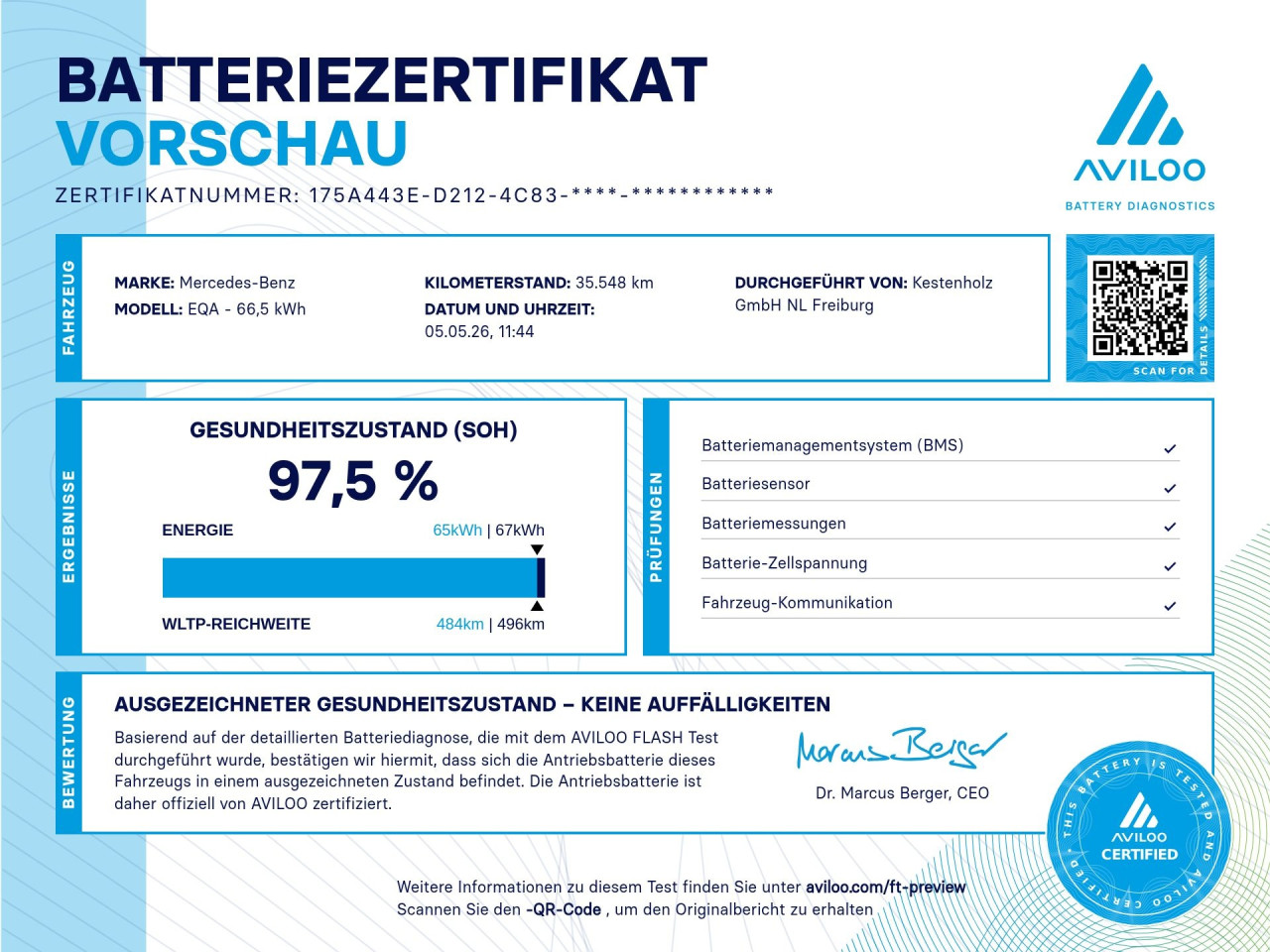 Getriebe: AutomatikgetriebeDetailangaben f&uuml;r XEV Fahrzeug: Batterietechnologie: Lithium-Ionen,  Nutzbare Batteriekapazit&auml;t: 66,0kWh,  Batteriezustand: 97%,  Ladezeit (in Minuten): 375 (10% bis 100%),  Schnellladezeit (in Minuten): 32 (10% bis 80%)Ausstattungslinie: AMG Line Exterieur,  AMG Line InterieurAusstattungspakete: Ausstattungspaket: Advanced-Paket, Remote und Charging Services Premium, Laderaum-Paket,  AMG Sportpaket,  Komfort Paket: Sitzkomfort-Paket,  Licht- und Sichtpaket,  Businesspaket,  SpiegelpaketAssistenzsysteme: Fernlichtassistent,  Aktiver Park-Assistent inkl. PARKTRONIC,  R&uuml;ckfahrkamera,  DISTRONIC,  Berganfahrhilfe,  Spracheingabesystem,  M&uuml;digkeitserkennung,  Aktiver Lenk-Assistent,  Fahrerassistenzpaket,  COLLISION PREVENTION ASSIST,  Verkehrszeichenerkennung m. Geschwindigkeitslimit-AssistentLicht und Sicht: LED-Scheinwerfer,  Tagfahrlicht,  Regensensor,  Automatisch abblendende Innen- und Au&szlig;enspiegel,  W&auml;rmeschutzverglasung,  Ambientebeleuchtung mehrfarbig,  LichtsensorAudio &amp; Kommunikation: MBUX,  Navigationssystem,  Radio,  Multi-Funktions-Display,  Digitaler Radioempfang DAB,  zentrale Bedieneinheit: Touchpad,  AUX &amp; USB Anschluss,  Mercedes connect me: Konnektivit&auml;ts-Paket Navigation,  Handyvorbereitung Bluetooth,  Android Auto u. Apple CarPlay,  WLAN HotspotKomfort: Digitales Kombiinstrument,  Klimaautomatik,  Lordosenst&uuml;tze Fahrer/Beifahrer,  Sitzheizung Fahrer/Beifahrer,  Sportsitze,  Armauflage hinten,  Servolenkung,  Lenks&auml;ule verstellbar,  Start-Stopp System,  Zentralver. mit Fernbedienung,  Fensterheber elektrisch,  EASY-PACK Heckklappe,  DYNAMIC SELECT,  Getr&auml;nkehalter vornInterieur: Sitze Kunstleder Ledernachbildung ARTICO / Mikrofaser MICROCUT schwarz,  Innenfarbe schwarz,  Multifunktions-Sport-/Lederlenkrad,  Bordcomputer,  R&uuml;cksitze klappbar,  Dekoreinlagen: Zierelement hinterleuchtet, Zierelemente Spiraloptik hinterleuchtet,  Lenkrad-SchaltwippenExterieur: Touchscreen Bedienung,  AMG Leichtmetallfelgen 18 Zoll,  Au&szlig;enspiegel elekt. anklappbar,  Dachreling,  Reifenpannenset,  Notrufsystem,  Ladekabel Mode 3 (Typ 2/2),  Wechsel-/Gleichstromladesystem (AC/DC Laden),  StauassistentSicherheit: i-Size Kindersitzbefestigung,  Fu&szlig;g&auml;ngerschutzsystem,  Fahrer- /Beifahrerairbag,  Seitenairbag vorn und hinten,  Knieairbag Fahrer,  Traktionskontrolle,  Elektr. Stabilit&auml;tsprogramm ESP,  Reifendruckkontrolle,  Wegfahrsperre,  Au&szlig;entemperatur Anzeige,  Antiblockiersystem ABS,  Bremsverschlei&szlig;anzeige,  Notbremsassistent,  Akustischer UmfeldschutzWeitere Ausstattung: K34 Streckenbasierte GeschwindigkeitsanpassungSonstige Ma&szlig;e und Gewichte: Nutzlast: 430 kg,  zul&auml;ssiges Gesamtgewicht: 2.470 kg,  Radstand: 2.729 mmIrrt&uuml;mer und &Auml;nderungen vorbehalten