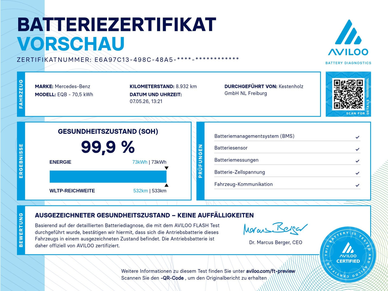 Getriebe: AutomatikgetriebeDetailangaben f&uuml;r XEV Fahrzeug: Batterietechnologie: Lithium-Ionen,  Nutzbare Batteriekapazit&auml;t: 70,0kWh,  Ladezeit (in Minuten): 465 (10% bis 100%),  Schnellladezeit (in Minuten): 35 (10% bis 80%)Ausstattungspakete: Winterpaket,  Komfort Paket: Sitzkomfort-Paket,  Night-Paket,  Licht- und Sichtpaket,  SpiegelpaketAssistenzsysteme: Fernlichtassistent,  Aktiver Park-Assistent inkl. PARKTRONIC,  R&uuml;ckfahrkamera,  DISTRONIC,  Berganfahrhilfe,  Spracheingabesystem,  M&uuml;digkeitserkennung,  Spurhalteassistent,  Bremsassistent,  COLLISION PREVENTION ASSIST,  VerkehrszeichenerkennungLicht und Sicht: LED-Scheinwerfer,  Tagfahrlicht,  Regensensor,  Automatisch abblendender Innenspiegel,  W&auml;rmeschutzverglasung,  Ambientebeleuchtung mehrfarbig,  LichtsensorAudio &amp; Kommunikation: MBUX,  Navigationssystem,  Radio,  Digitaler Radioempfang DAB,  Burmester Surround-Soundsystem,  USB Anschluss,  Mercedes connect me,  Handyvorbereitung Bluetooth,  Android Auto u. Apple CarPlay,  Kabelloses Laden f&uuml;r Handys,  WLAN HotspotKomfort: Digitales Kombiinstrument,  Klimaautomatik,  Lordosenst&uuml;tze Fahrer/Beifahrer,  Sitzheizung Fahrer/Beifahrer,  Komfortsitze,  Armauflage hinten,  Servolenkung,  Lenks&auml;ule verstellbar,  HANDS-FREE ACCESS,  Start-Stopp System,  Zentralver. mit Fernbedienung,  Fensterheber elektrisch,  EASY-PACK Heckklappe,  DYNAMIC SELECT,  Getr&auml;nkehalter vornInterieur: Sitze Stoff Ledernachbildung ARTICO / Stoff Cupertino zweifarbig ros&eacute;gold / titangrau pearl,  Innenfarbe gold,  Multifunktions-Sport-/Lederlenkrad,  Lenkradheizung,  Bordcomputer,  Dekoreinlagen: 56H Zierelemente Star Pattern hinterleuchtet, 331 Zierelement hinterleuchtet,  Lenkrad-SchaltwippenExterieur: Tieferlegung: Komfortfahrwerk mit Tieferlegung,  Touchscreen Bedienung,  Leichtmetallfelgen 18 Zoll,  Au&szlig;enspiegel elekt. anklappbar,  Dachreling: schwarz,  Reifenpannenset,  Notrufsystem,  Ladekabel Mode 2,  Gleichstromladesystem (DC Laden),  FahrzeugpersonalisierungSicherheit: i-Size Kindersitzbefestigung,  Fu&szlig;g&auml;ngerschutzsystem,  Fahrer- /Beifahrerairbag,  Seitenairbag vorn und hinten,  Knieairbag Fahrer,  Traktionskontrolle,  Elektr. Stabilit&auml;tsprogramm ESP,  Reifendruckkontrolle,  Wegfahrsperre,  Au&szlig;entemperatur Anzeige,  Antiblockiersystem ABS,  Bremsverschlei&szlig;anzeige,  Proaktives Insassenschutzsystem,  Notbremsassistent,  Akustischer Umfeldschutz,  Totwinkel-AssistentWeitere Ausstattung: 2S0 Digitales Extra: Individualisierungs-Paket,  Laderaum-Paket,  82B On-board AC-Lader bis 11 kW,  273 Ausstiegswarnfunktion,  5V4 Speed-+Loadindex 104T XL,  PSJ Electric Art Advanced Plus,  39U Digitales Extra: Remote und Charging Services Premium,  321 Fingerabdrucksensor,  567 Fondsitze l&auml;ngs verstellbar,  BAF HV-Batterie 3P100S (L-Batteriegr&ouml;sse),  859 CENTRAL MEDIA DISPLAY,  PTD Electric Art,  B05 ECO AssistentSonstige Ma&szlig;e und Gewichte: Nutzlast: 435 kg,  zul&auml;ssiges Gesamtgewicht: 2.520 kg,  Radstand: 2.829 mmIrrt&uuml;mer und &Auml;nderungen vorbehalten