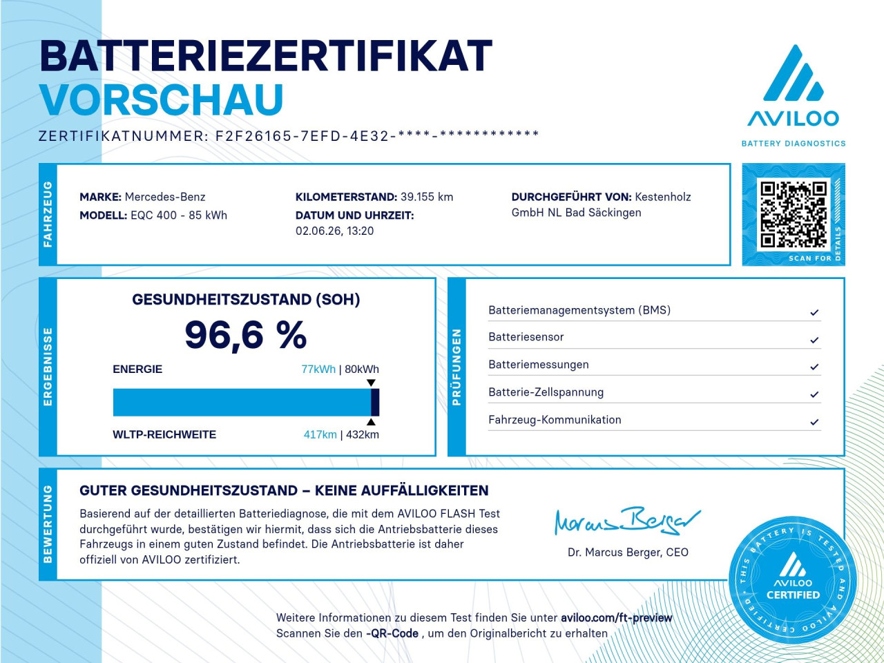 Getriebe: AutomatikgetriebeDetailangaben f&uuml;r XEV Fahrzeug: Batterietechnologie: Lithium-Ionen,  Nutzbare Batteriekapazit&auml;t: 80,0kWh,  Batteriezustand: 96%,  Ladezeit (in Minuten): 450 (10% bis 100%),  Schnellladezeit (in Minuten): 40 (10% bis 80%)Ausstattungslinie: AMG Line Exterieur,  AMG Line InterieurAusstattungspakete: Ausstattungspaket: Remote und Charging Services Premium,  AMG Sportpaket,  Komfort Paket,  SpiegelpaketAssistenzsysteme: Fernlichtassistent,  Aktiver Park-Assistent inkl. PARKTRONIC,  R&uuml;ckfahrkamera,  Fahrlichtautomatik,  Tempomat,  Berganfahrhilfe,  Spracheingabesystem,  M&uuml;digkeitserkennung,  Spurhalteassistent,  Bremsassistent,  COLLISION PREVENTION ASSIST,  ATTENTION ASSIST,  VerkehrszeichenerkennungLicht und Sicht: Multibeam LED Scheinwerfer,  Tagfahrlicht,  Regensensor,  Automatisch abblendende Innen- und Au&szlig;enspiegel,  W&auml;rmeschutzverglasung,  Ambientebeleuchtung mehrfarbig,  LichtsensorAudio &amp; Kommunikation: MBUX,  Navigationssystem: MBUX Augmented Reality,  Radio,  Digitaler Radioempfang DAB,  zentrale Bedieneinheit: Touchpad,  Soundsystem,  USB Anschluss, Bluetooth Audiostreaming,  Mercedes connect me,  Handyvorbereitung Bluetooth,  WLAN HotspotKomfort: Klimaautomatik,  Fahrer-/Beifahrersitz elektrisch,  Memoryfunktion Fahrer-/Beifahrersitz,  Lordosenst&uuml;tze Fahrer/Beifahrer,  Sitzheizung Fahrer/Beifahrer,  Armauflage Fahrer/Beifahrer,  Servotronic,  Lenks&auml;ule verstellbar,  Keyless-Start,  Auto Start Stop Funktion,  Zentralver. mit Fernbedienung,  Fensterheber elektrisch,  Kopfst&uuml;tzen vorn und hinten,  EASY-PACK Heckklappe,  DYNAMIC SELECT,  Getr&auml;nkehalter vornInterieur: Sitze Kunstleder Ledernachbildung ARTICO / Mikrofaser DINAMICA schwarz,  Innenfarbe schwarz,  Multifunktions-Sport-/Lederlenkrad,  Bordcomputer,  Laderaumabdeckung,  Dekoreinlagen: Zierelemente Carbonoptik anthrazit,  Bodenbelag Teppich,  Lenkrad-SchaltwippenExterieur: Touchscreen Bedienung,  AMG Leichtmetallfelgen 19 Zoll,  Au&szlig;enspiegel elekt. anklappbar,  Reifenpannenset,  Notrufsystem,  Ladekabel: 5m glatt,  Wechsel-/Gleichstromladesystem (AC/DC Laden),  TrittbretterSicherheit: i-Size Kindersitzbefestigung,  Fahrer- /Beifahrerairbag,  Seitenairbag vorn,  Knieairbag Fahrer,  Traktionskontrolle,  Elektr. Stabilit&auml;tsprogramm ESP,  Reifendruckkontrolle,  Wegfahrsperre,  Au&szlig;entemperatur Anzeige,  Antiblockiersystem ABS,  Bremsverschlei&szlig;anzeige,  Notbremsassistent,  Akustischer Umfeldschutz,  Totwinkel-AssistentSonstige Ma&szlig;e und Gewichte: Nutzlast: 445 kg,  zul&auml;ssiges Gesamtgewicht: 2.940 kg,  Radstand: 2.873 mmIrrt&uuml;mer und &Auml;nderungen vorbehalten